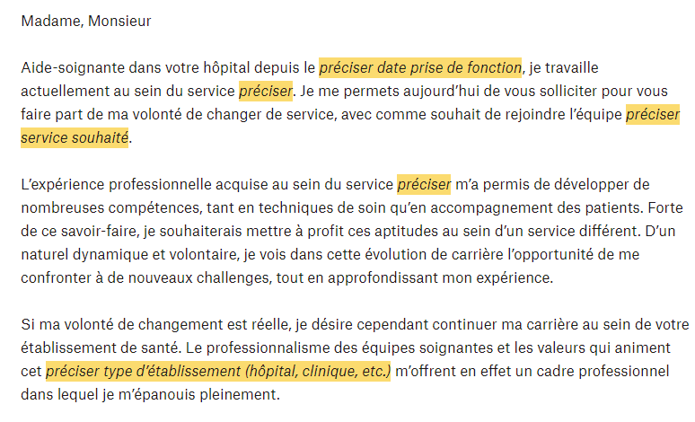 Lettre de motivation aide soignante changement de service  exemple et