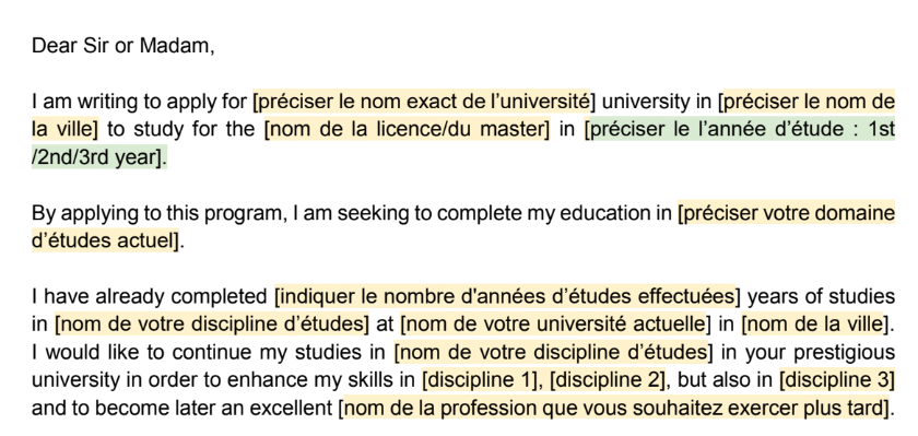 Lettre de motivation en anglais pour aller à l'université  exemples à