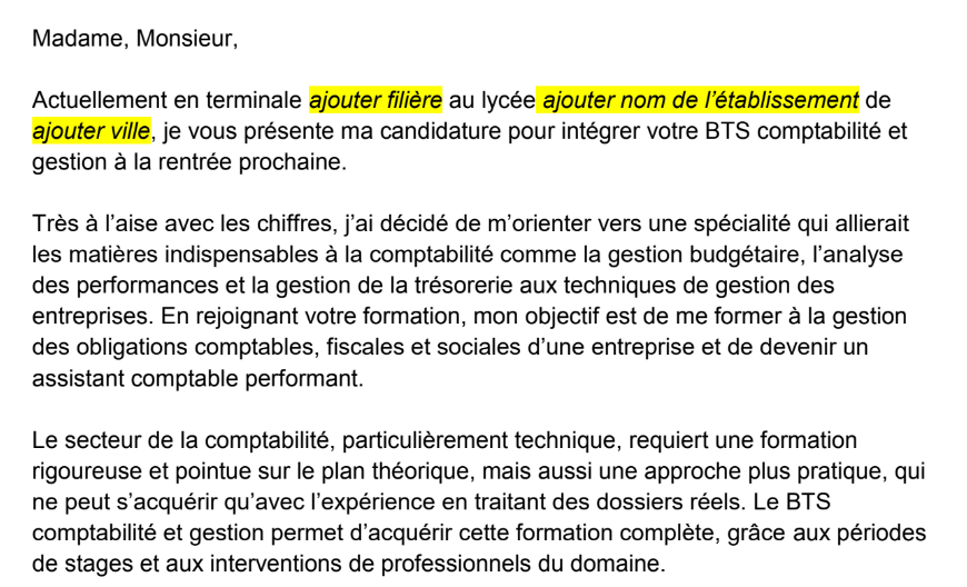 Lettre de motivation BTS comptabilité et gestion exemple et modèle à