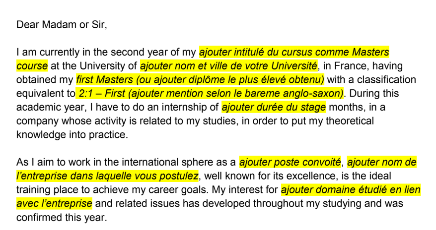 Lettre De Motivation Stage En Anglais Exemple Et Modèle à Télécharger